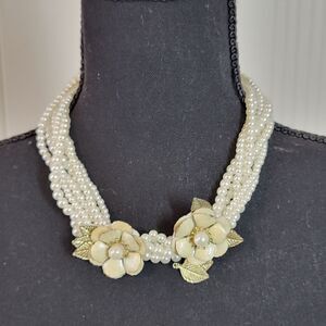 Vintage Six Strand Faux Pearl Necklace With Flowers